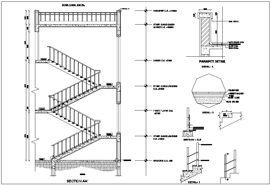 Stair case view with detail with construction view dwg file
