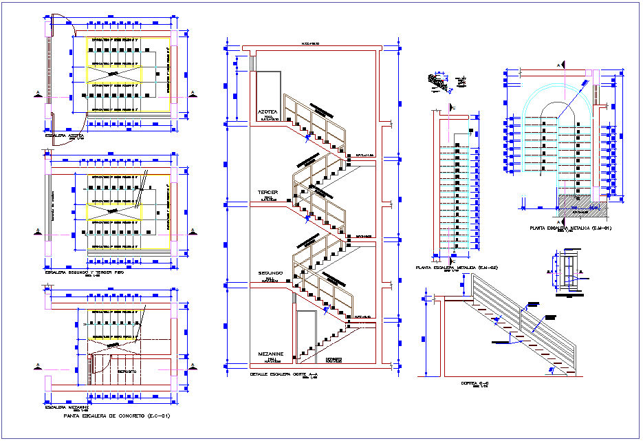 Stair detail view with elevation with construction view dwg file
