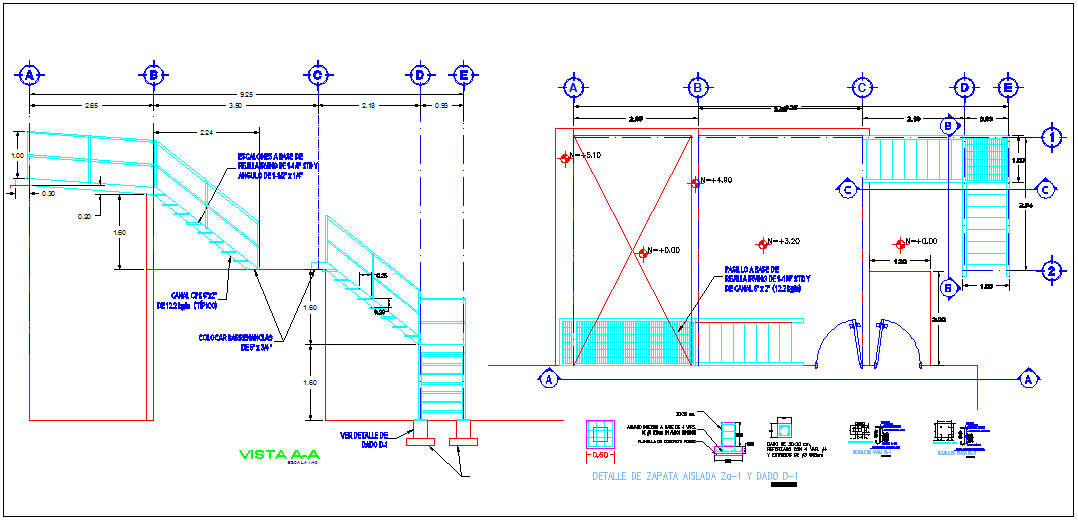 Stair elevation and side elevation detail dwg file