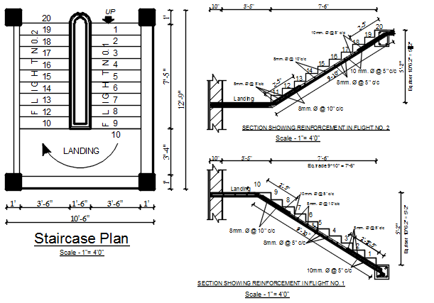 Stair elevation plan and section plan detail dwg file