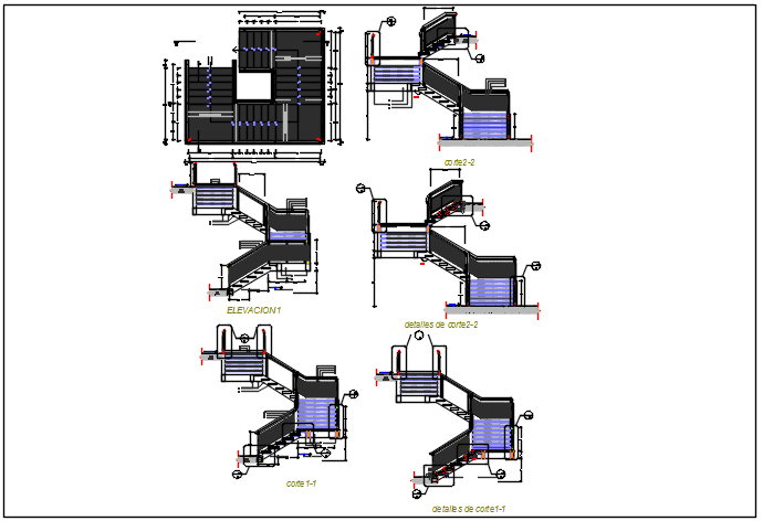 Stair elevation plan and section plan detail dwg file