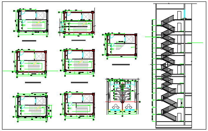 Stair elevation plan and section plan detail dwg file