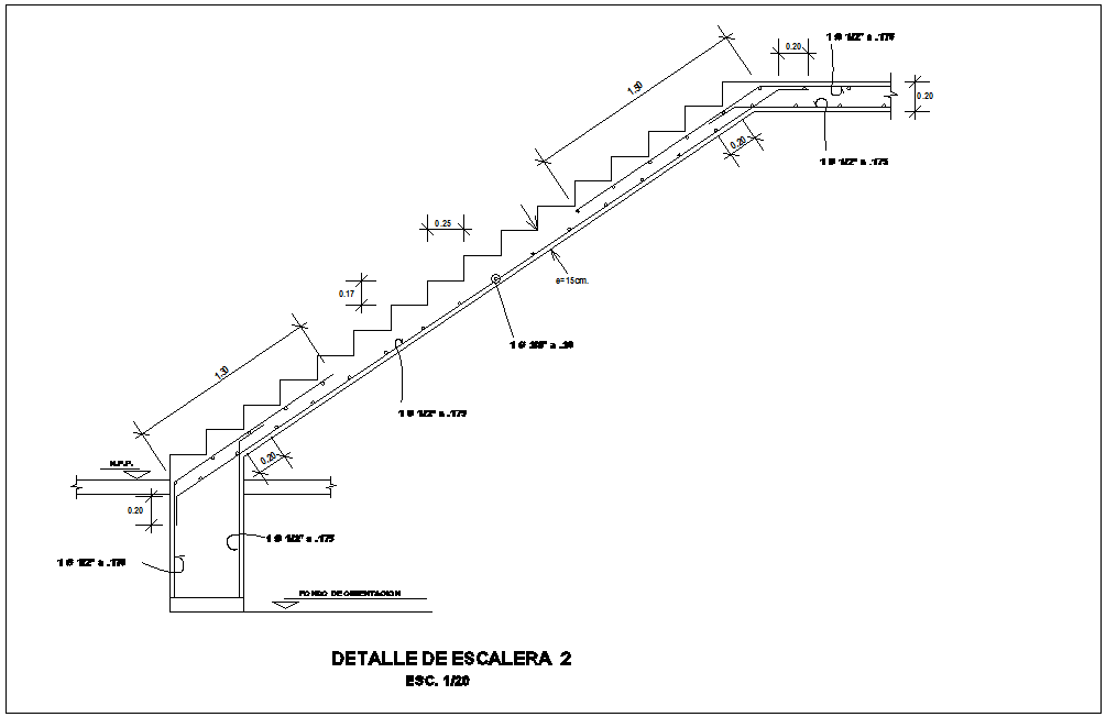 Stair elevation with construction view for family house dwg file