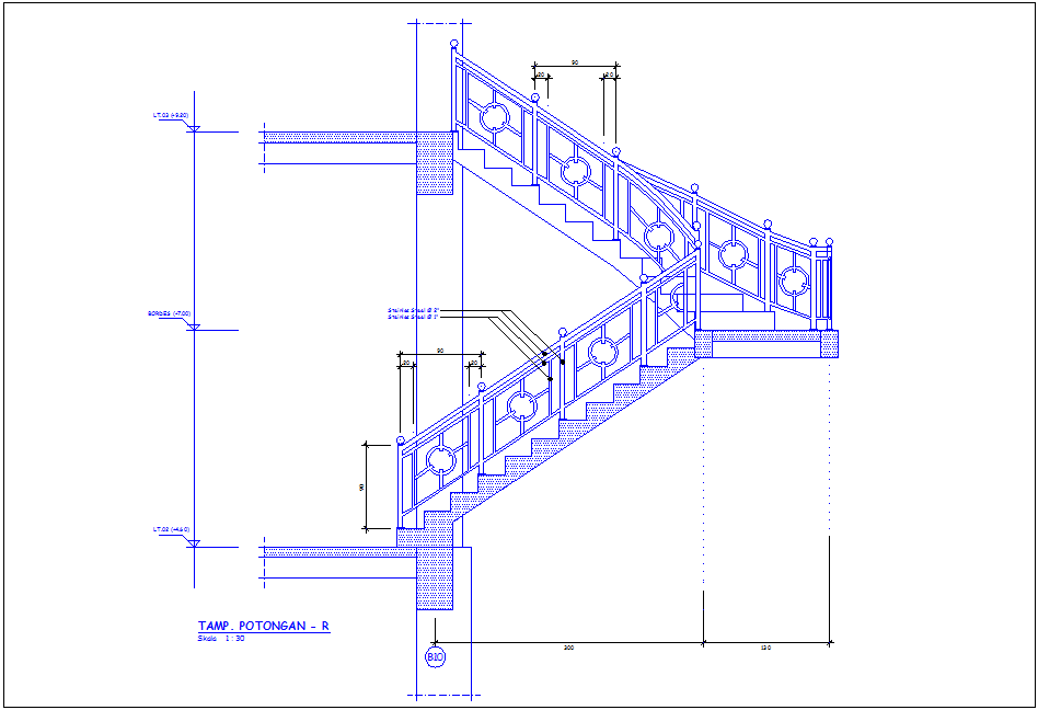 Stair elevation with construction view for office dwg file