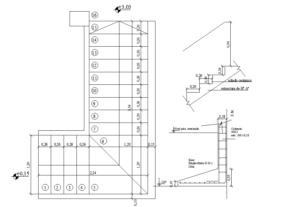 Stair plan, elevation and foundation section plan detail dwg file