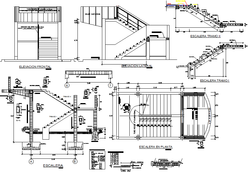 Stair plan and elevation, section detail dwg file