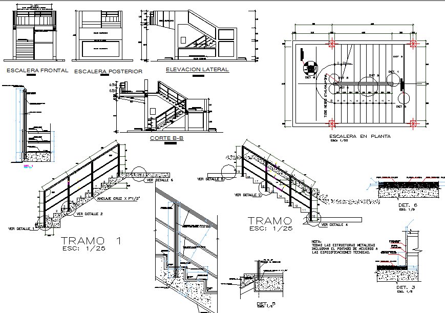 Stair plan and elevation, section detail dwg file