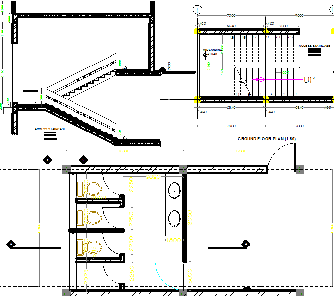 Stair plan and elevation, toilet plan detail dwg file