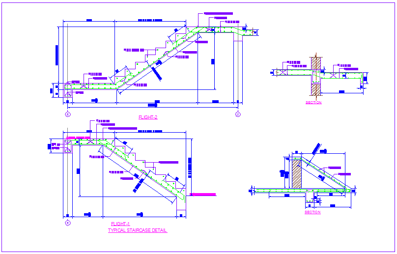 Stair section view with construction detail for house dwg file