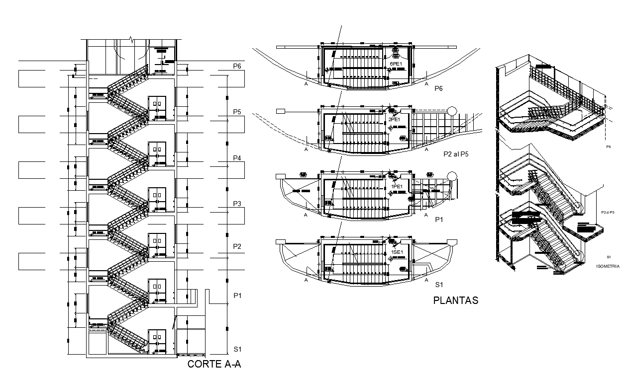 Stair structure detail elevation, plan and section 2d view layout file