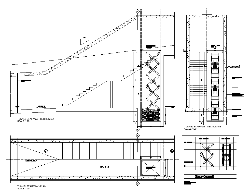 Stair structure detail elevation, plan and sectional layout dwg file