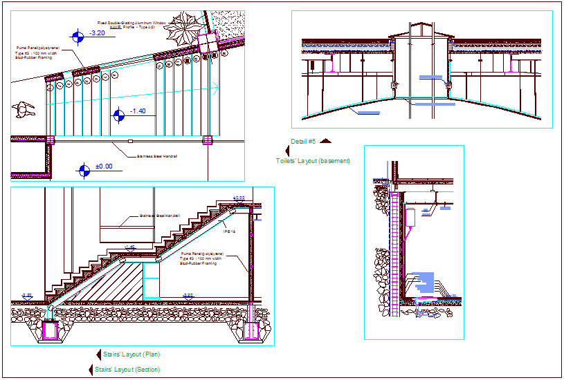 Stair view and column foundation with construction detail dwg file