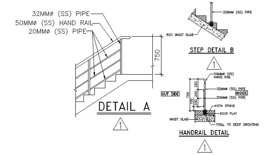 Stair and Hand rail detail of a building. Download AutoCAD DWG file.