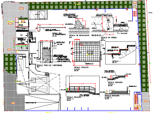 Staircase and construction and exterior details of shopping center dwg file