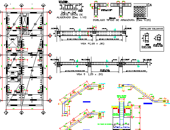 Staircase and construction details of Two flooring bungalow dwg file