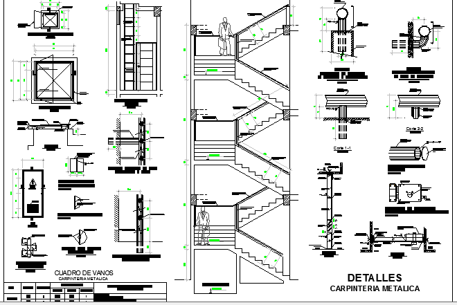Staircase and construction details of school design dwg file