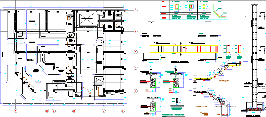 Staircase, construction details of three flooring bungalow design dwg file