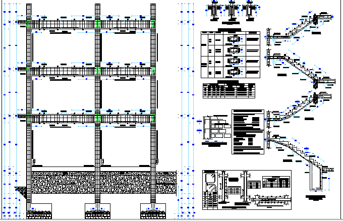Staircase and construction details of three level multi-family building dwg file