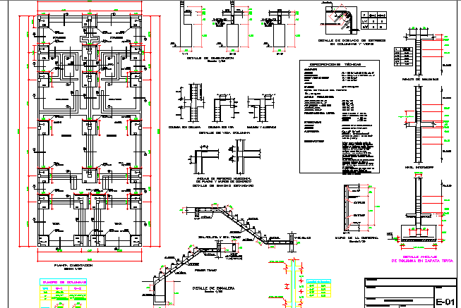 Staircase and constructive details of multi-flooring housing building dwg file