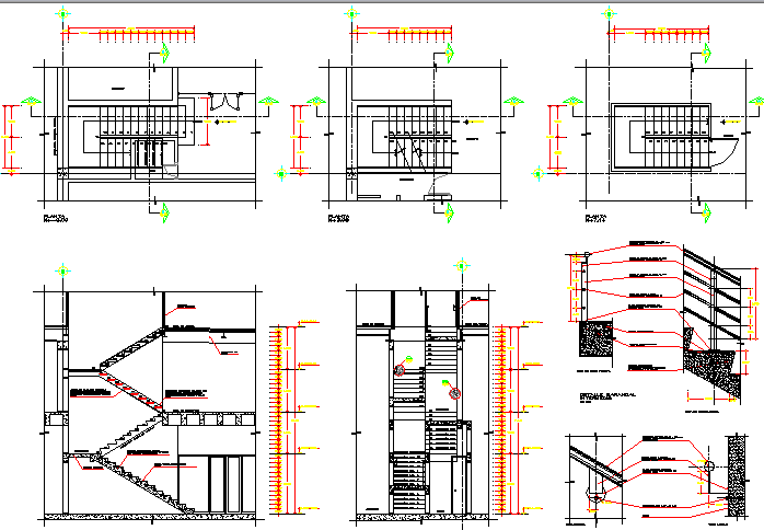 Staircase and sectional details of shopping mall dwg file
