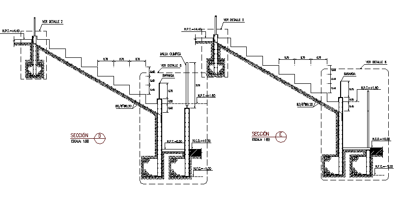 Staircase construction details of sports field dwg file