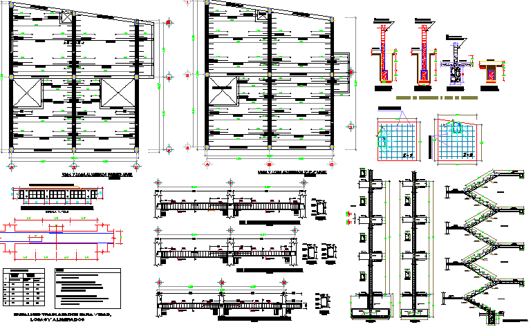 Staircase construction with column and beam details of house building dwg file
