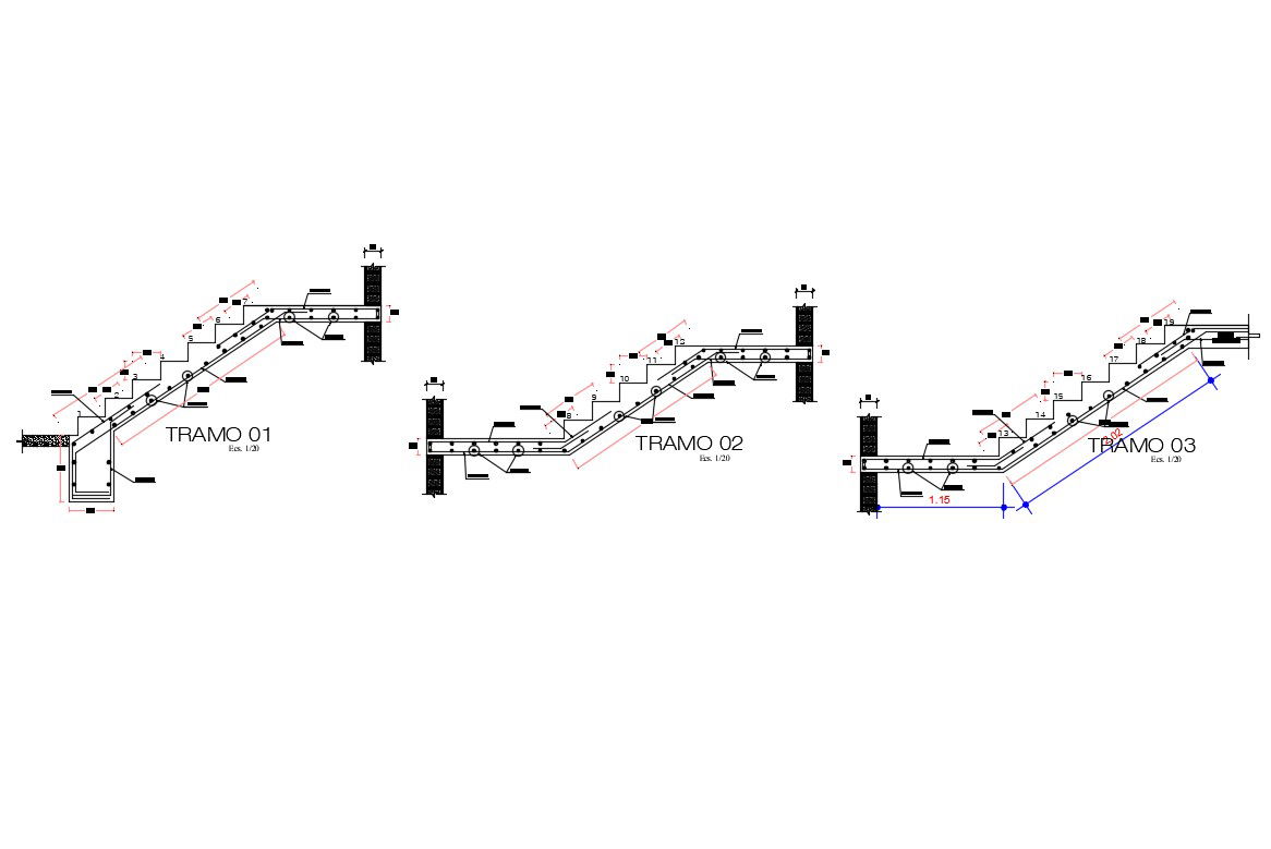 Staircase section and construction details of house floors dwg file