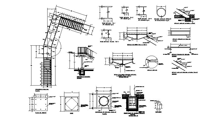Staircase section and construction details with column dwg file