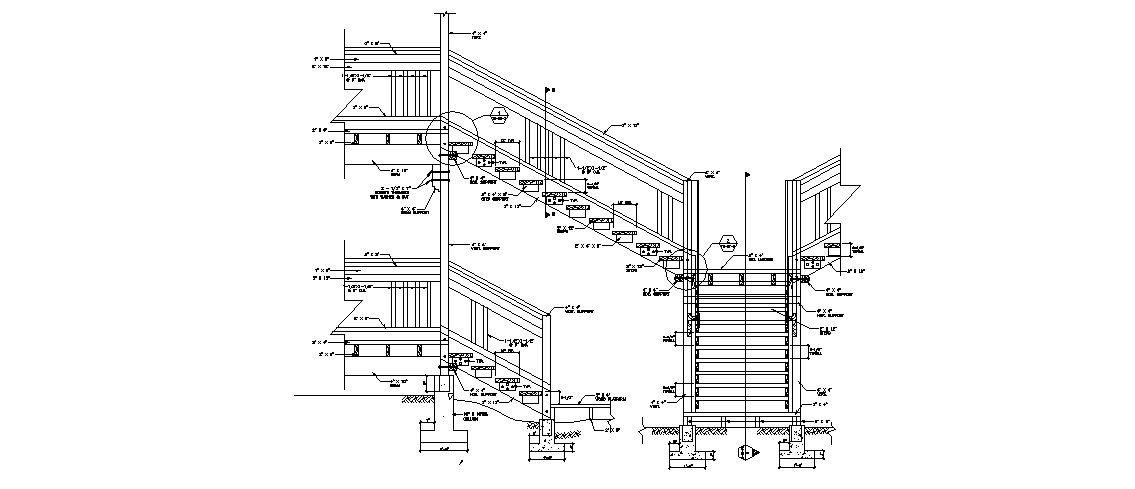 Staircase section and constructive structure cad drawing details dwg file