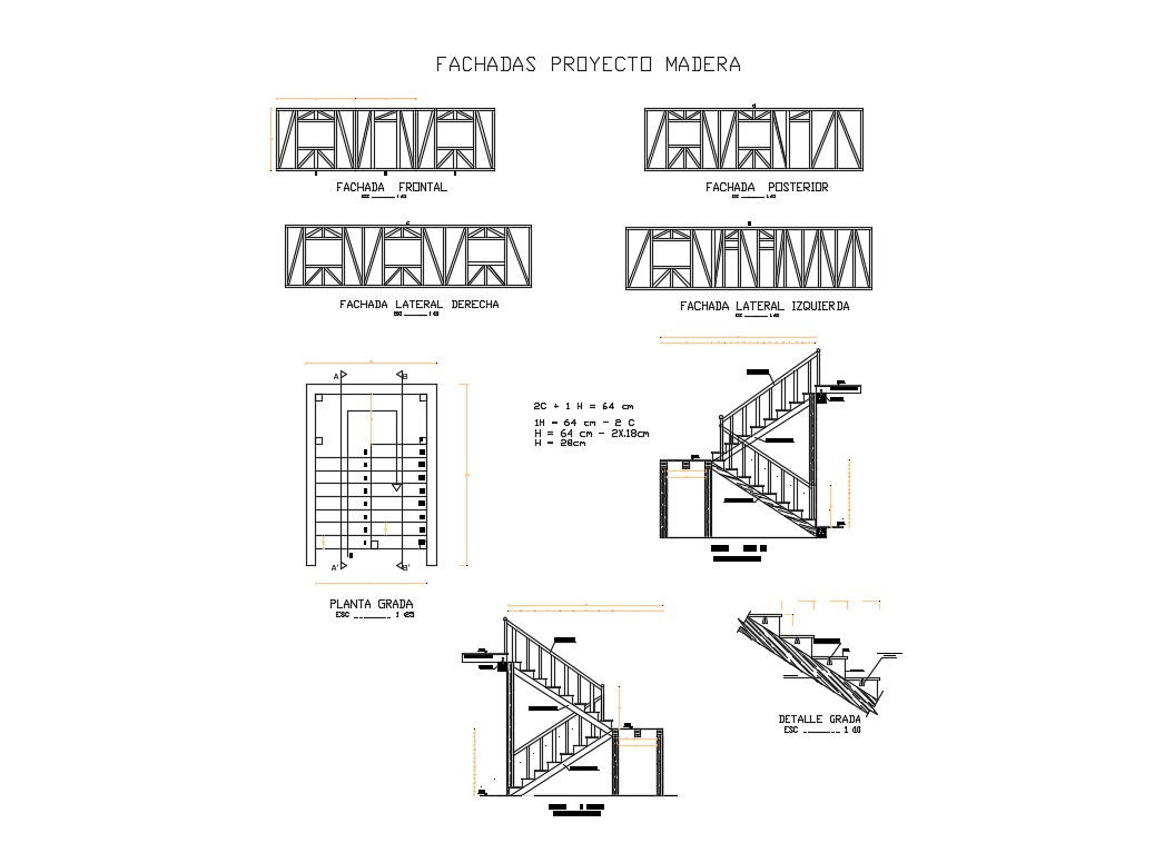 Staircase sectional and construction details of house floors dwg file