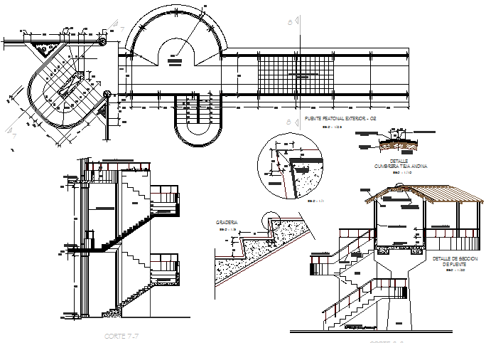 Staircase sectional and constructive details of industrial plant dwg file