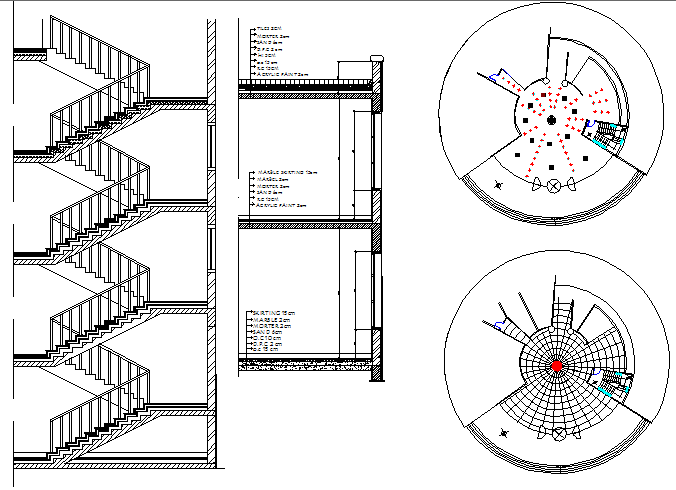 Staircase sectional and constructive details of office building dwg file