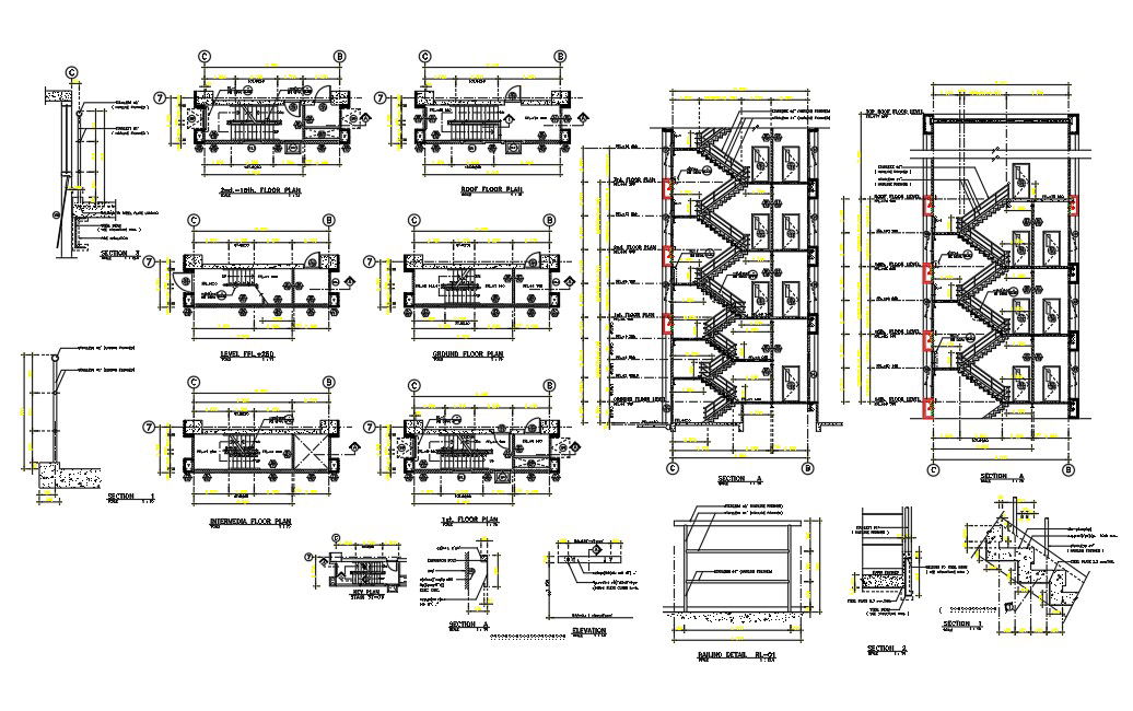Staircase Construction Plan And Section Drawing DWG File