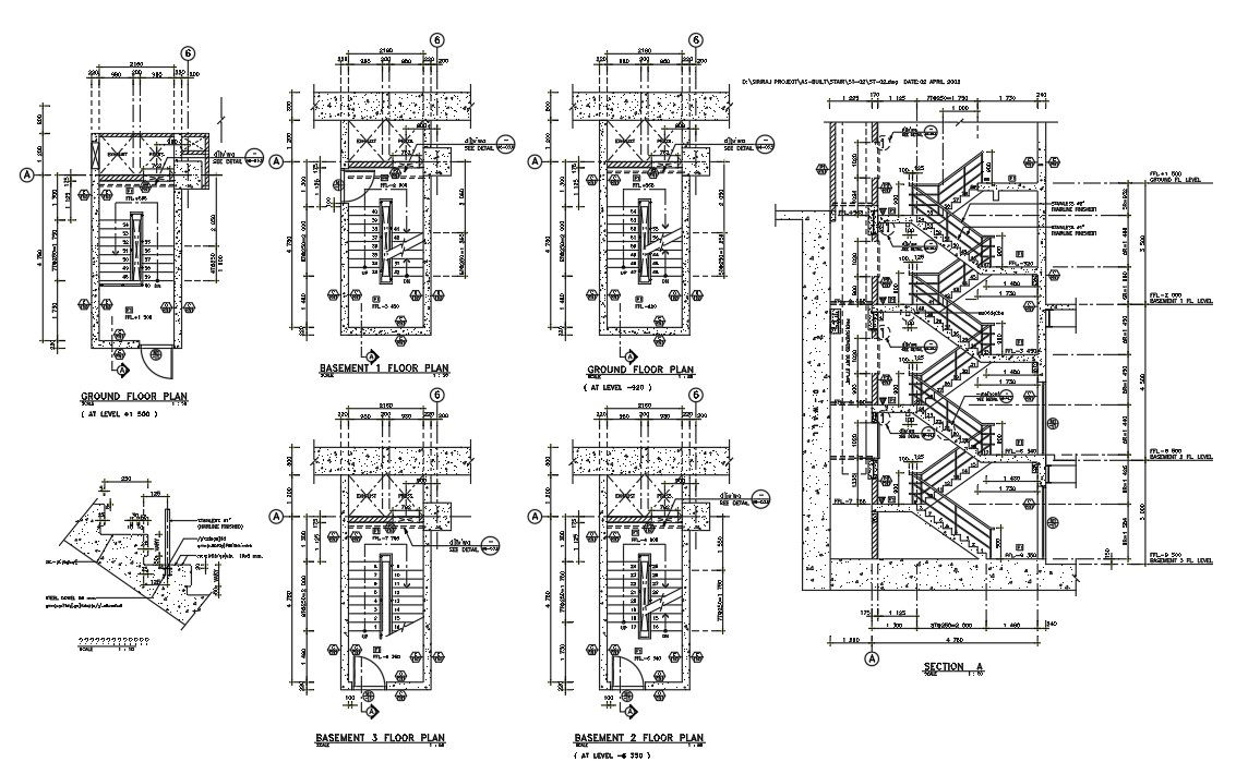 Staircase For 5 Storey Building Section Drawing DWG File