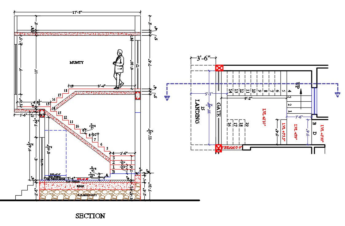 Staircase Plan And Section Drawing Free DWG File