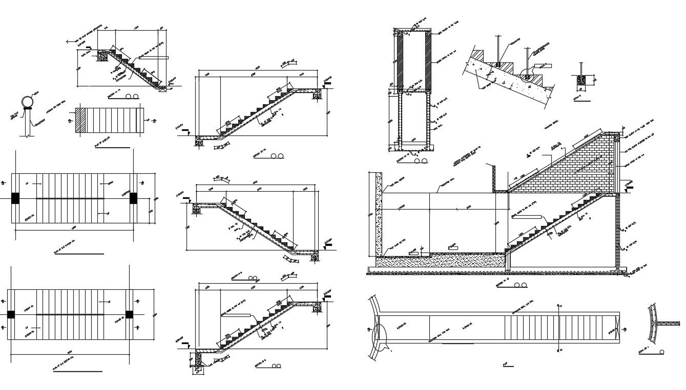 Staircase Plan And Section Drawing With Wall Retaining DWG File