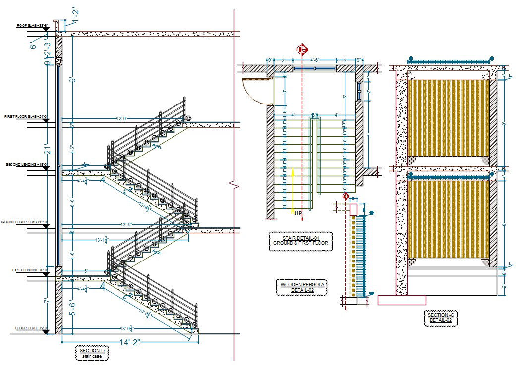 Staircase Plan And Sectional Elevation Drawing DWG File