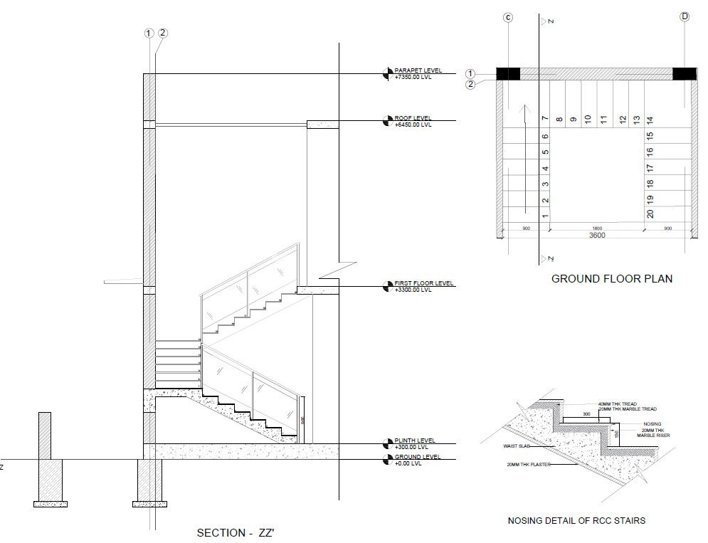 Staircase Plan with Sectional Elevation DWG for Building Design