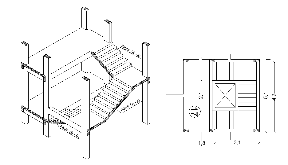 Staircase Plan Layout With 3D Elevation Drawing
