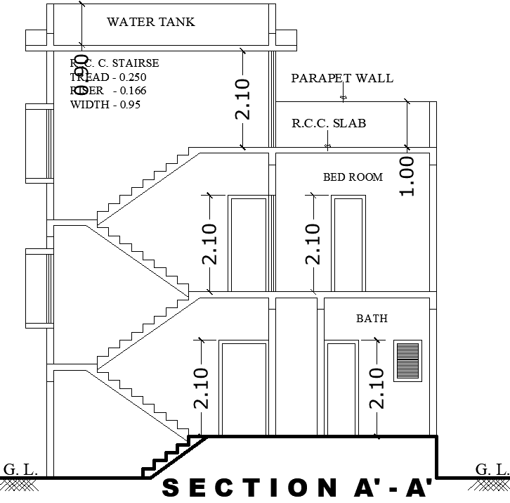 Staircase Section Layout Design with Water Tank Plan AutoCAD DWG