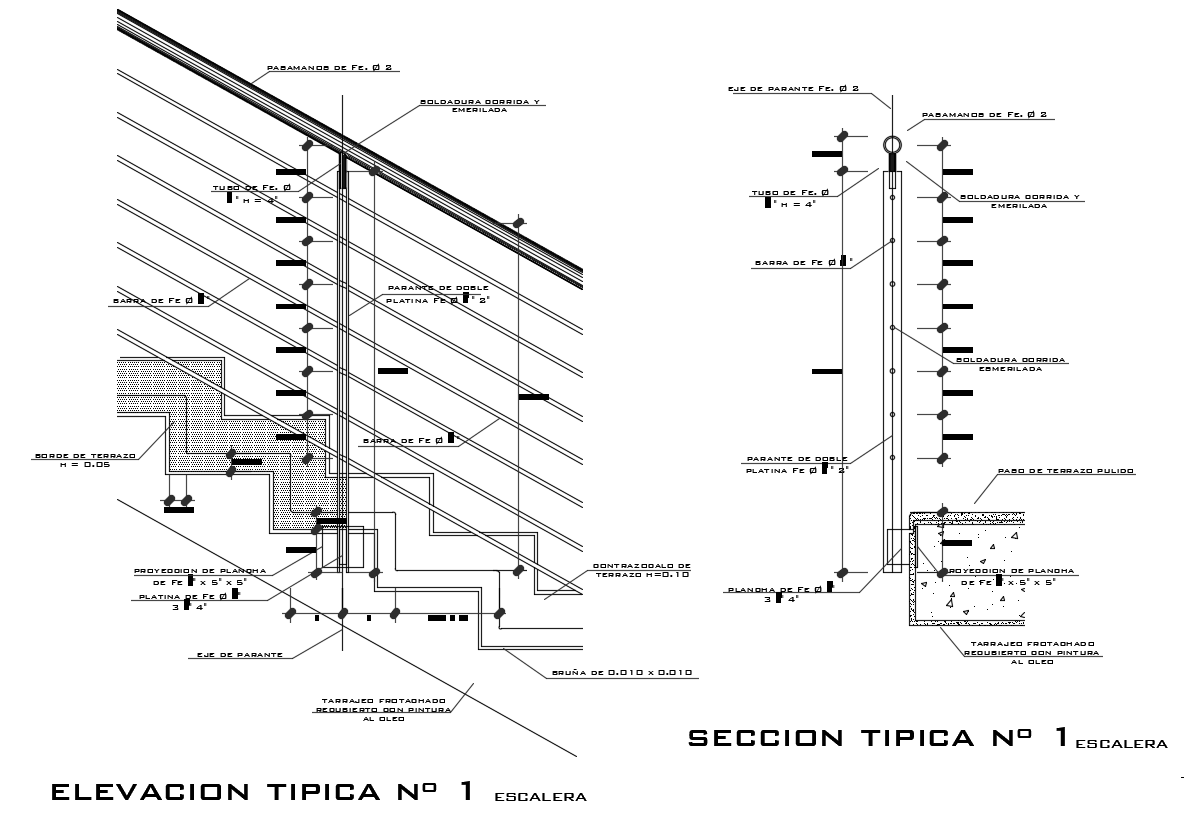 Staircase Section View With Railing Wall Design Download DWG File