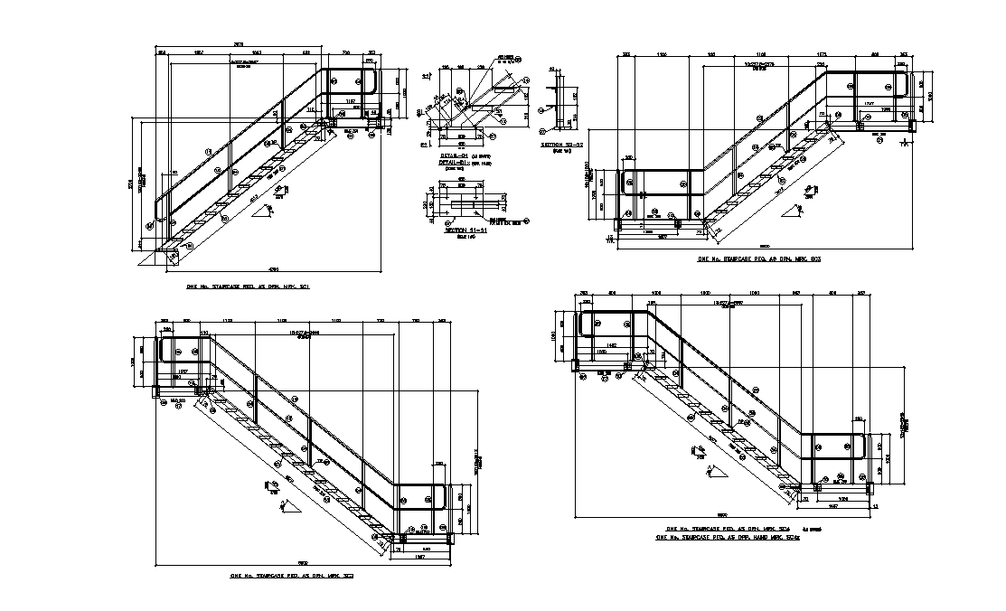 Staircase With Railing Glass Section Drawing DWG File