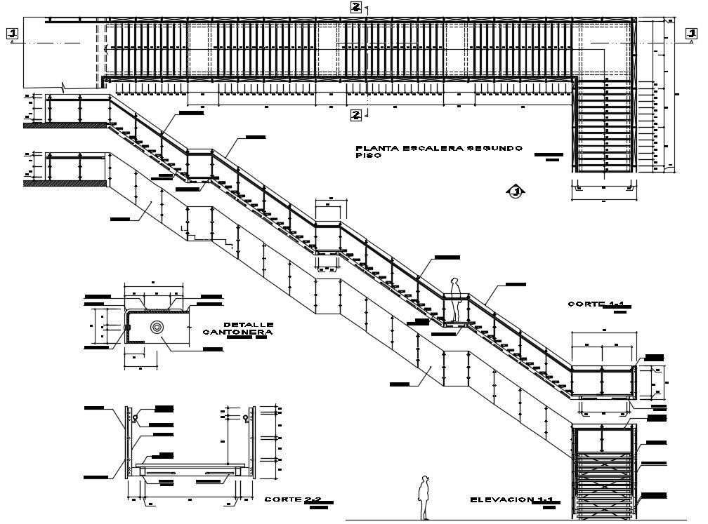 Staircase drawing provided in this AutoCAD file. Download the AutoCAD file.