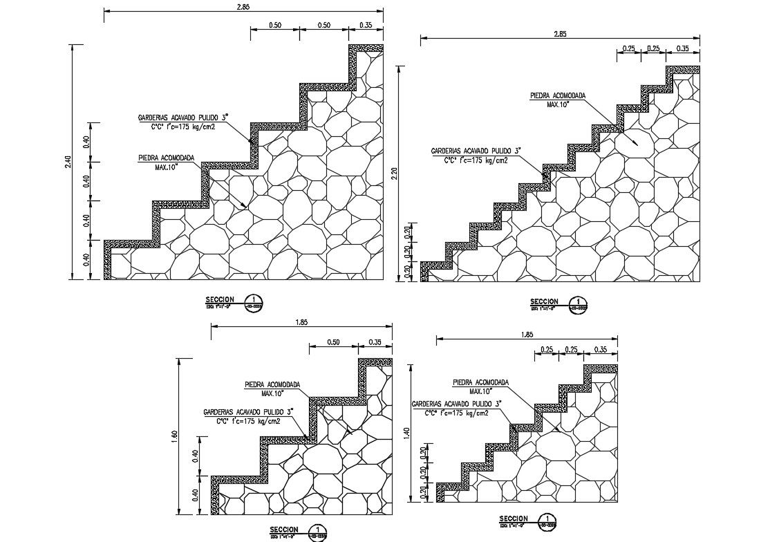 Staircases of sports ground section and construction details dwg file