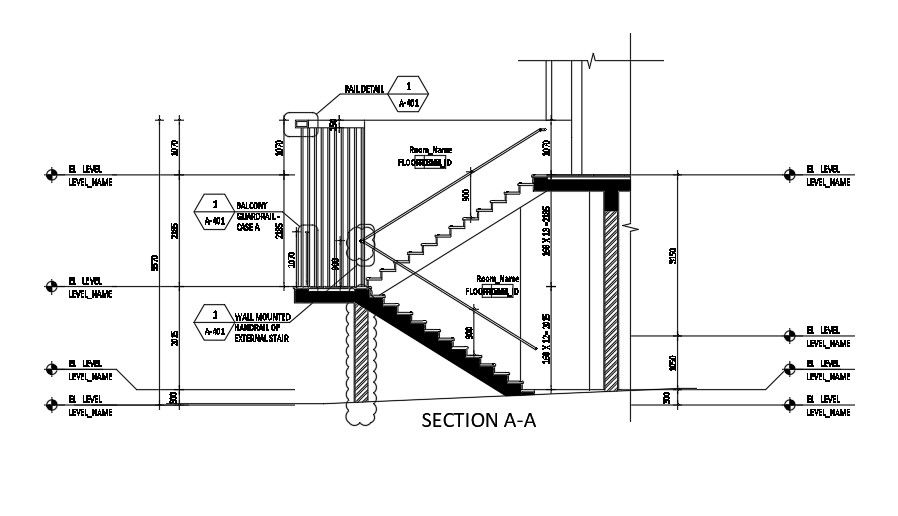 Staircase section plan and level including dimension.