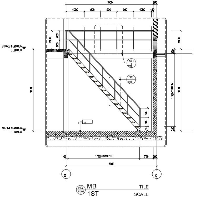 Staircase section plan in AutoCAD 2D drawing, dwg file, CAD file