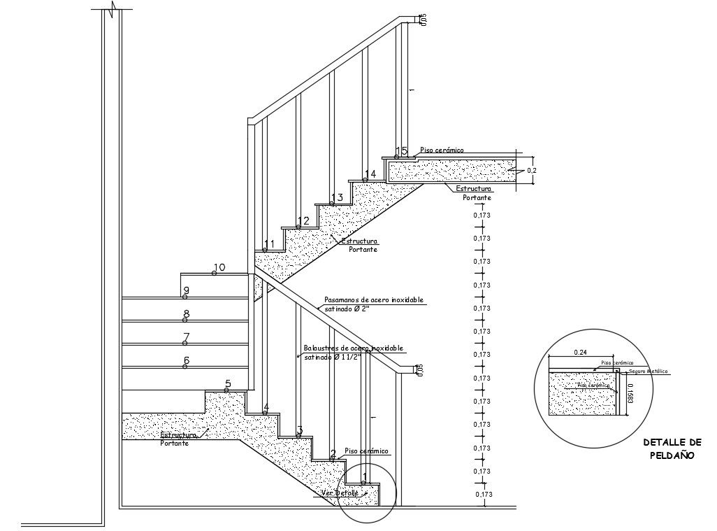 Stair section detail cad drawing is given in this cad file. Download this 2d cad file now.