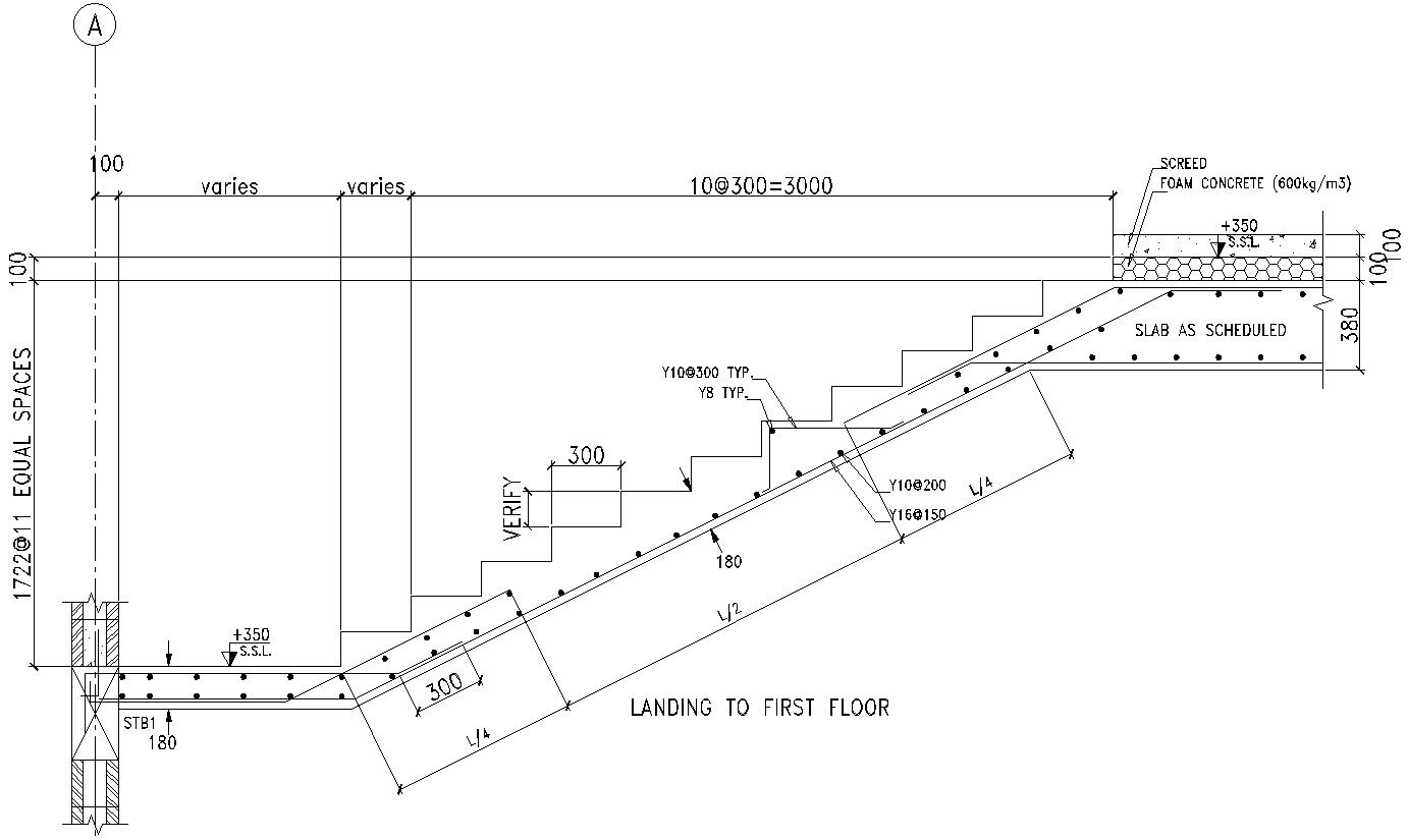Stairs landing to first floor section detail drawing in AutoCAD, dwg files.