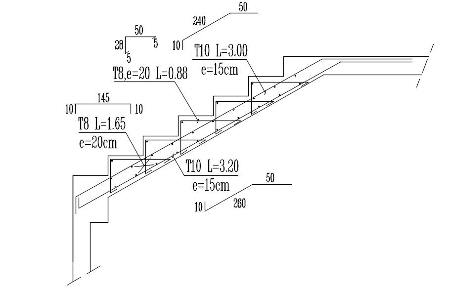 Stairs reinforcement portion detailed drawing plan in 2D Autocad DWG file.