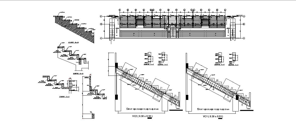 Stairways section and constructive structure details with plan dwg file